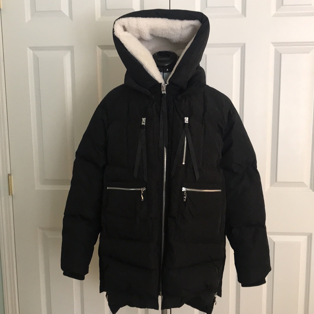 Orolay Black Down Coat With Warm Fleece Hood Pockets Size L